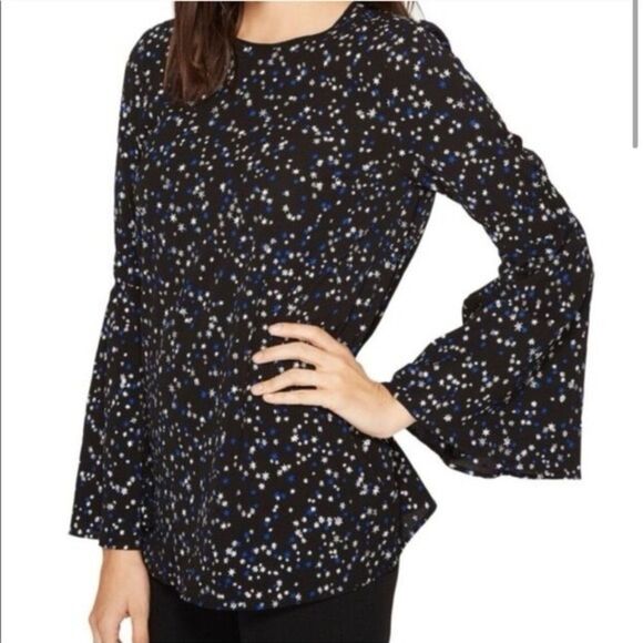 NWOT Michael Kors Shooting Star Bell Sleeve Tunic Top Black Silver and Blue Sm - Picture 1 of 16